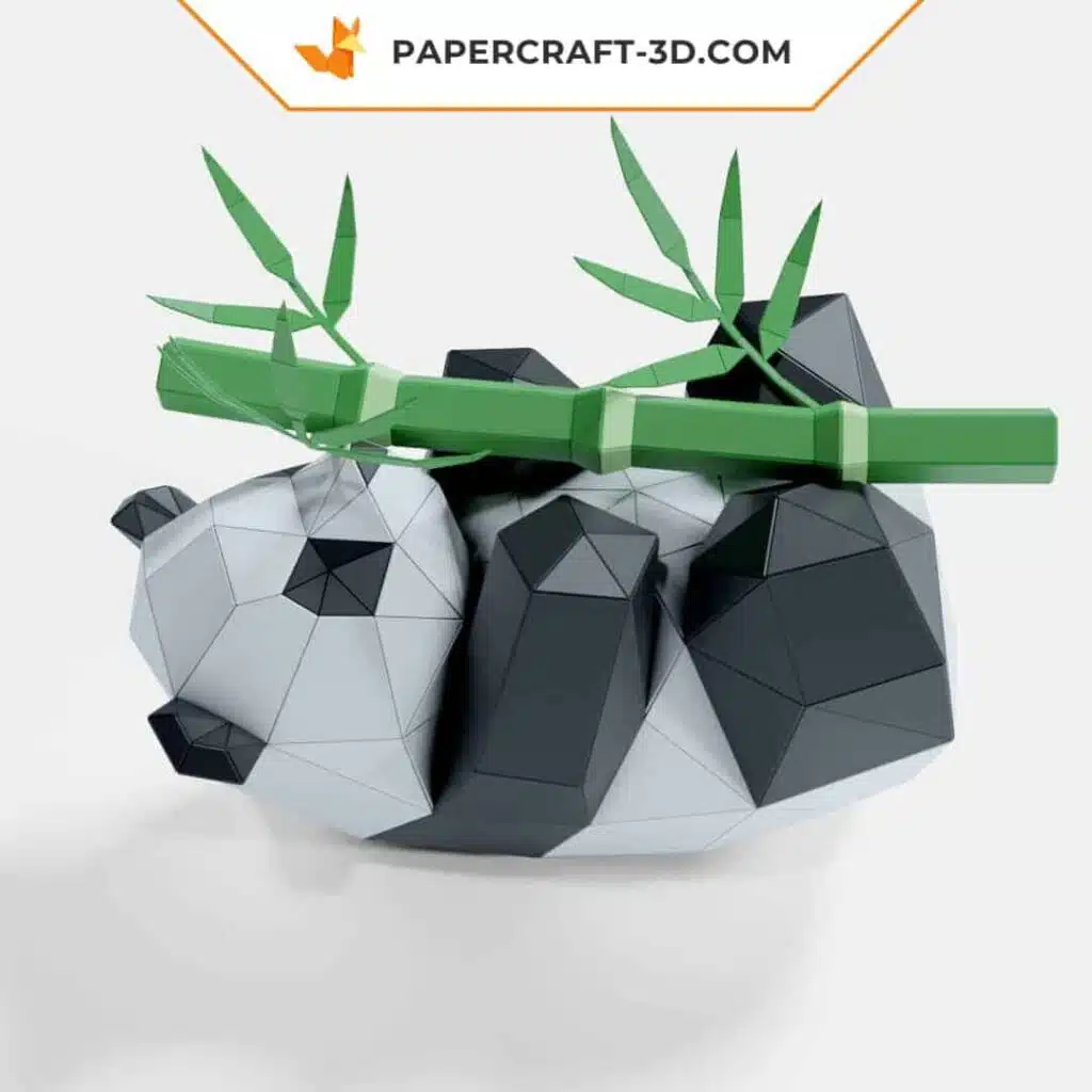 Papercraft panda brincando com bambu em origami 3D