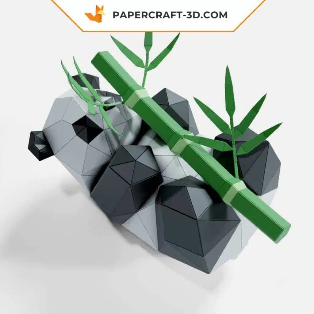 Papercraft panda brincando com bambu em origami 3D