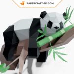 Papercraft lazy panda on tree in 3D origami