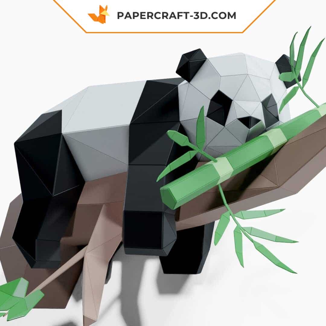 Papercraft lazy panda on tree in 3D origami