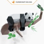 Papercraft lazy panda on tree in 3D origami