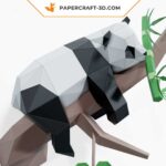 Papercraft lazy panda on tree in 3D origami