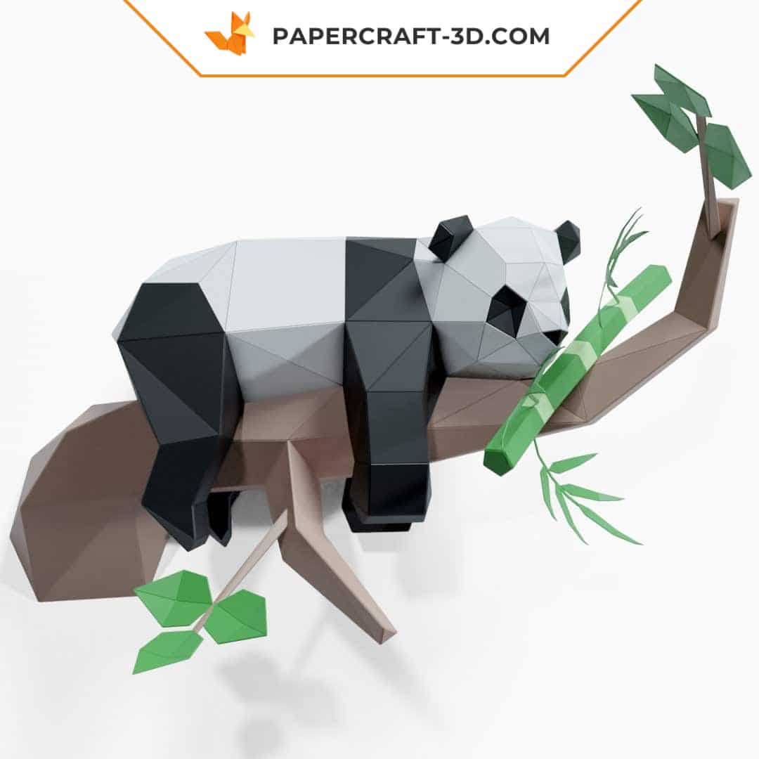 Papercraft lazy panda on tree in 3D origami