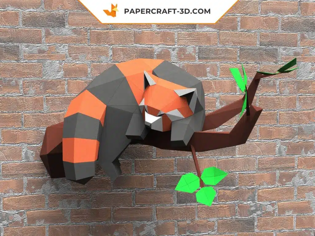 Papercraft panda rosso addormentato su un ramo in origami 3D, vista 2