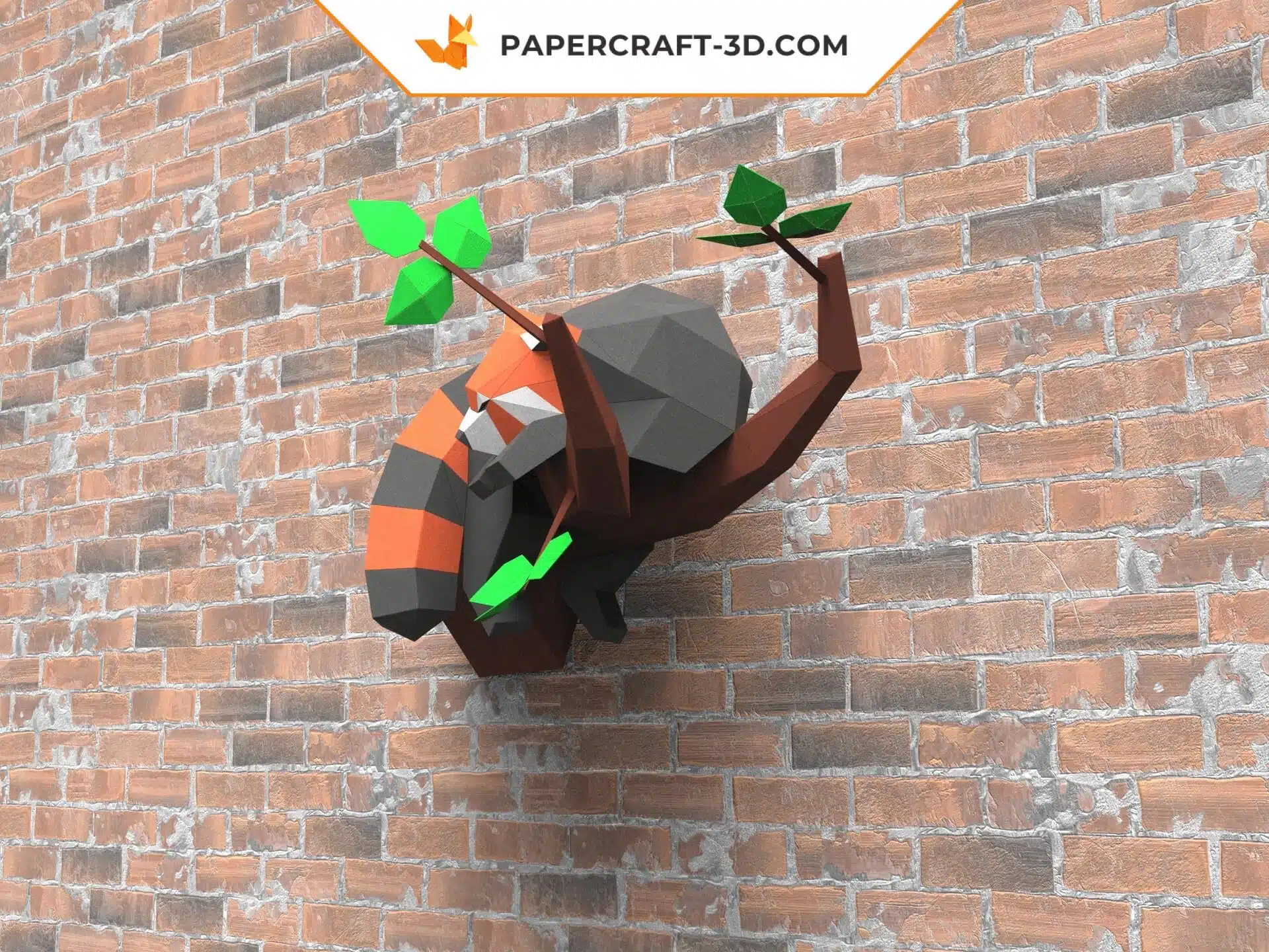 Papercraft panda rosso addormentato su un ramo in origami 3D, vista posteriore