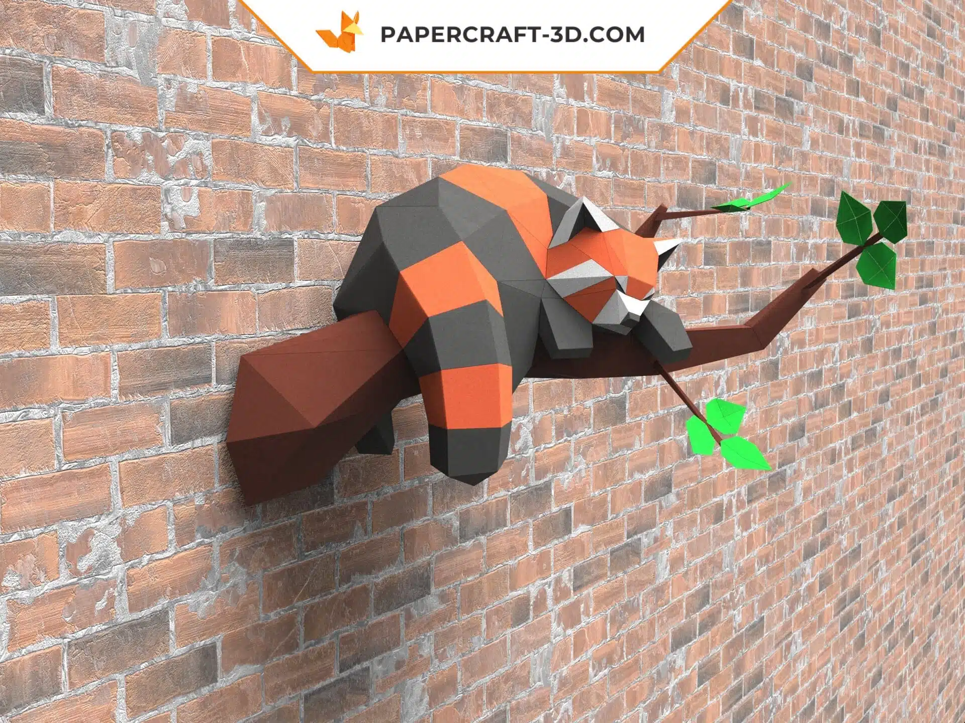 Papercraft panda rosso addormentato su un ramo in origami 3D, vista laterale
