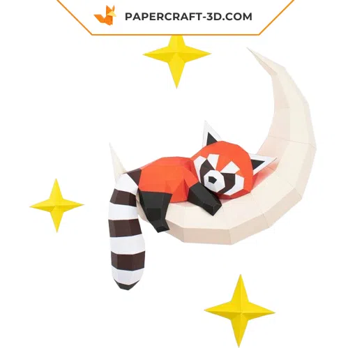 Papercraft Roter Panda auf dem Mond in 3D-Origami