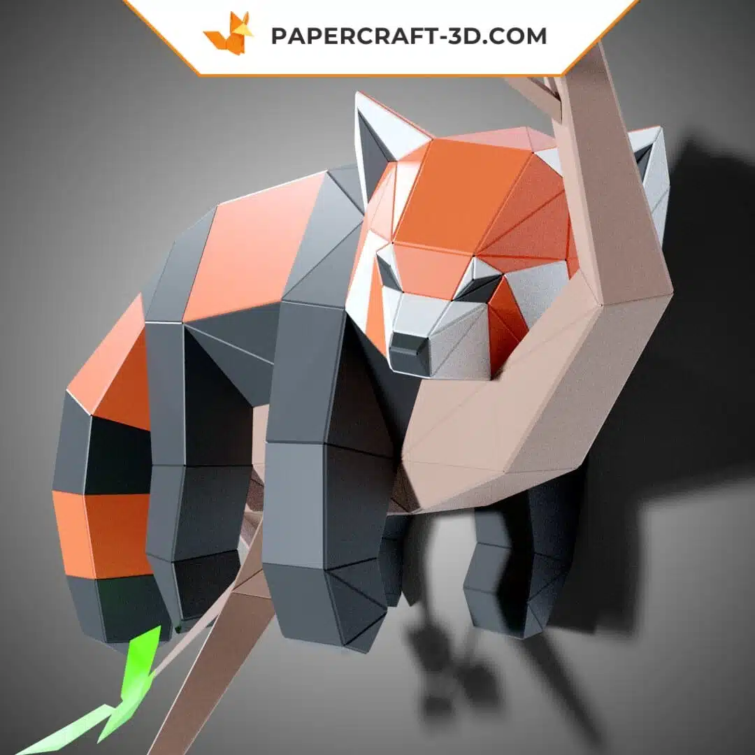 Papercraft Panda Roux paresseux dans un arbre, sculpture en papier 3D