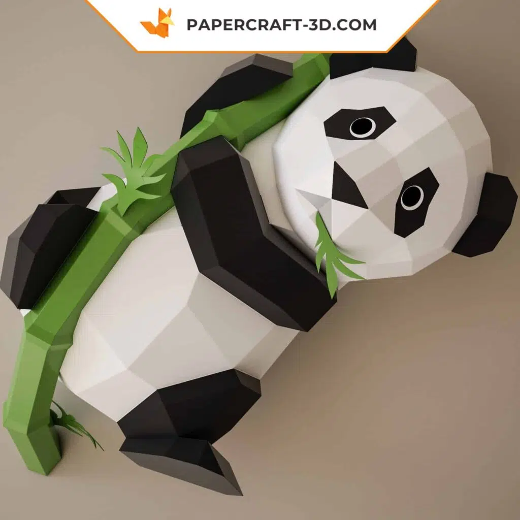 Papercraft panda on bamboo in 3D origami