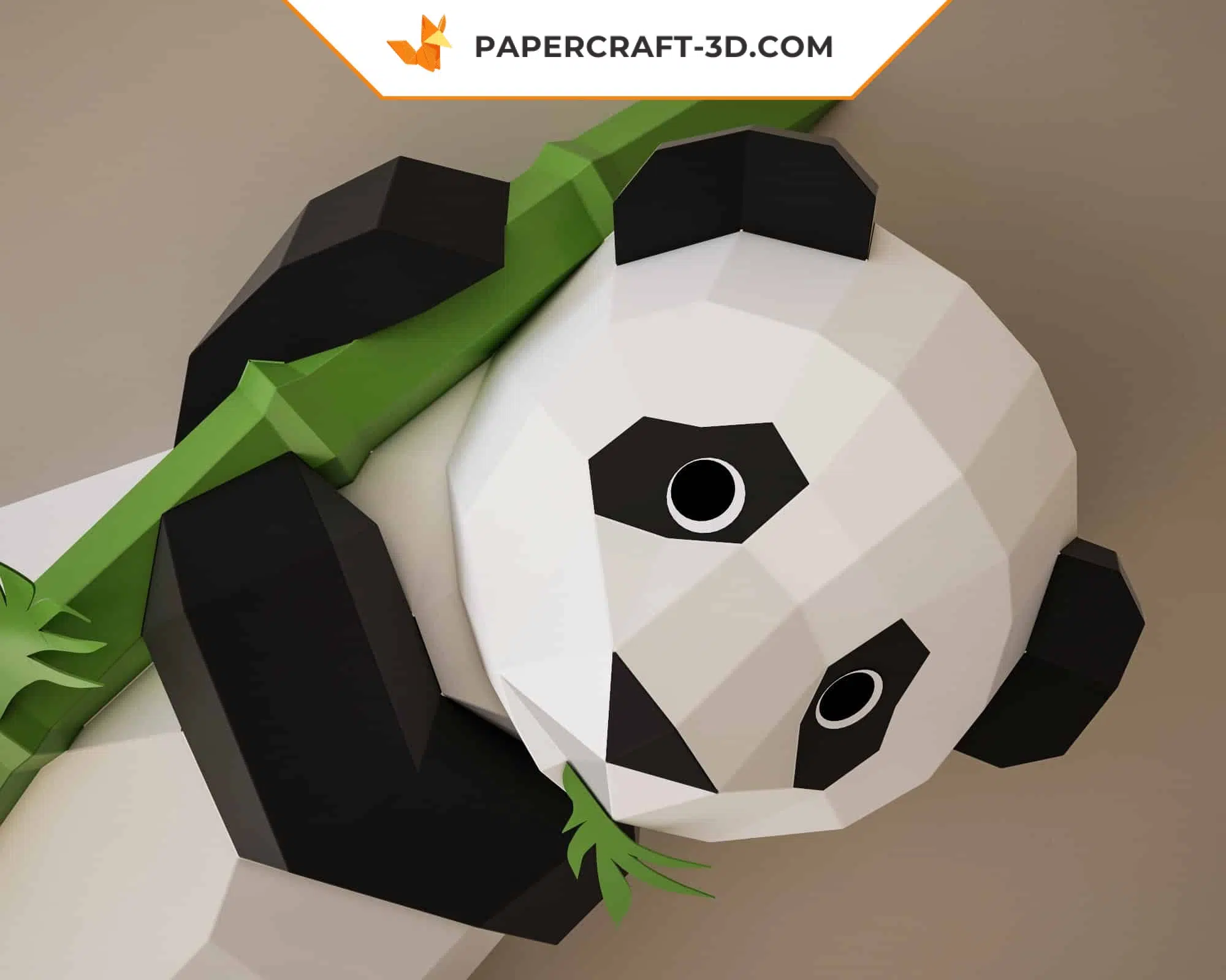 Papercraft panda murale su bambù in origami 3D, vista 2
