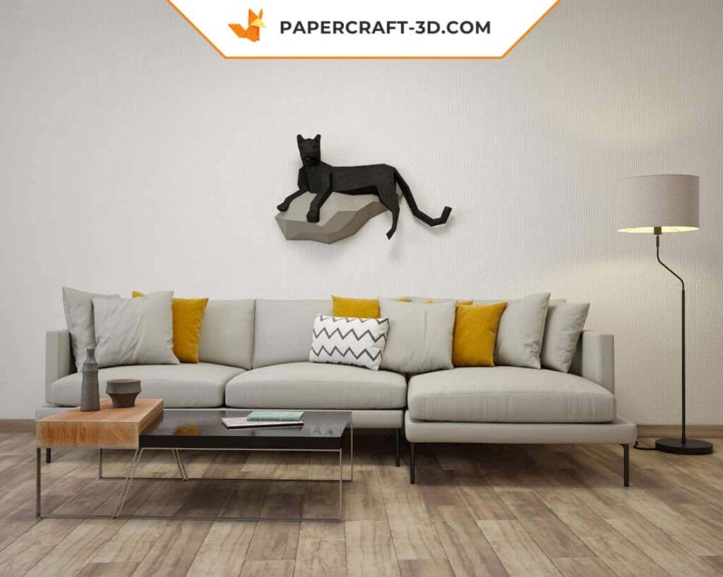 Papercraft de pantera negra sobre rocha mural em origami 3D