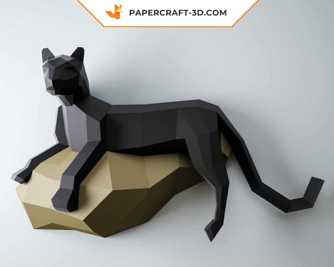 Papercraft black panther on a rock in 3D origami