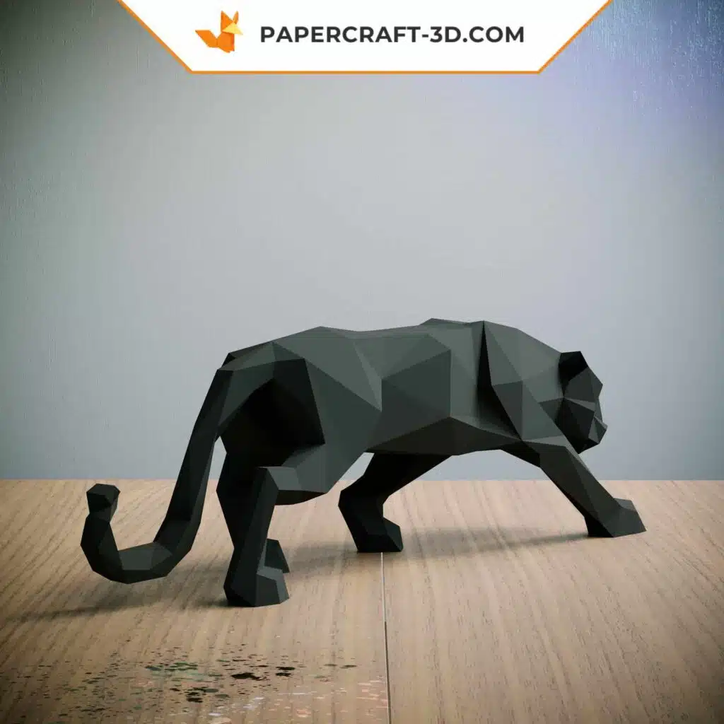 Papercraft de pantera negra à espreita em origami 3D
