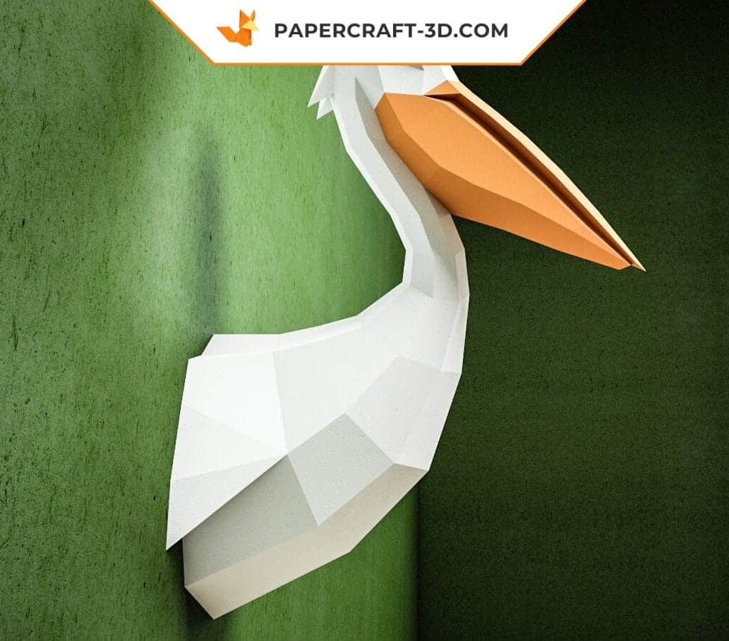 Papercraft cabeça de pelicano mural em origami 3D