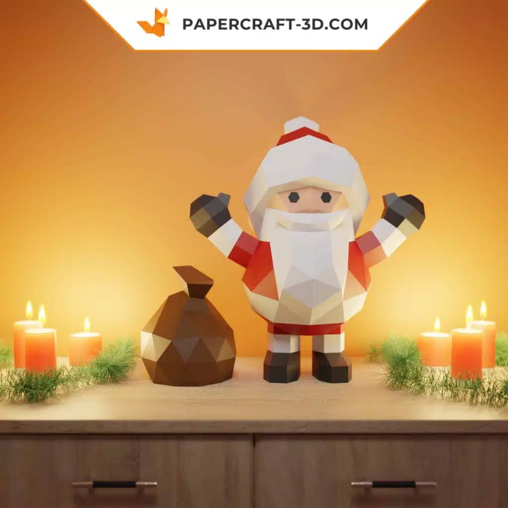 Papercraft Weihnachtsmann mit erhobenen Armen als 3D-Origami