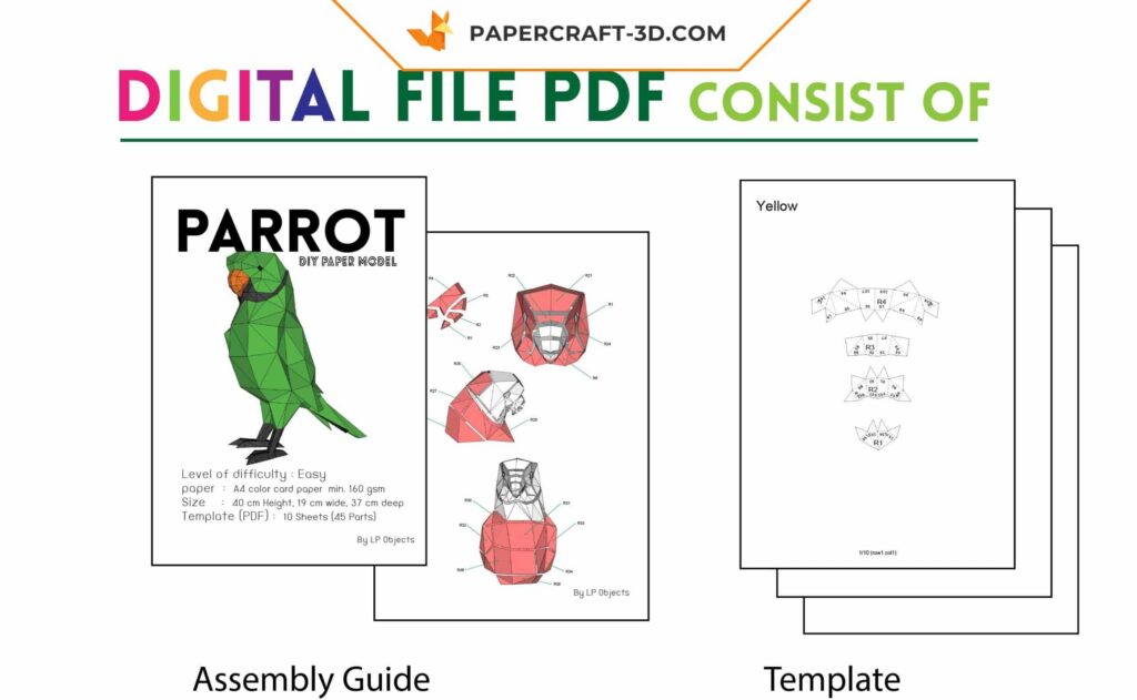 Green parrot 3D origami to assemble | Paper decor