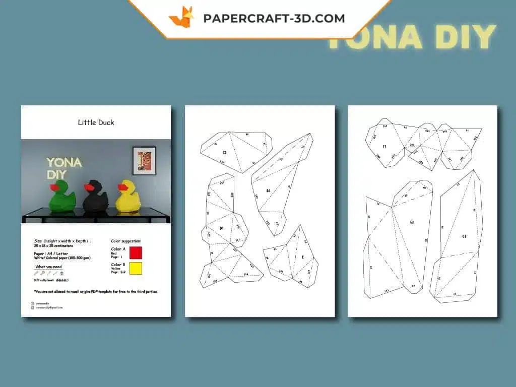Papercraft petit canard jaune en origami papier 3D, weergave 7
