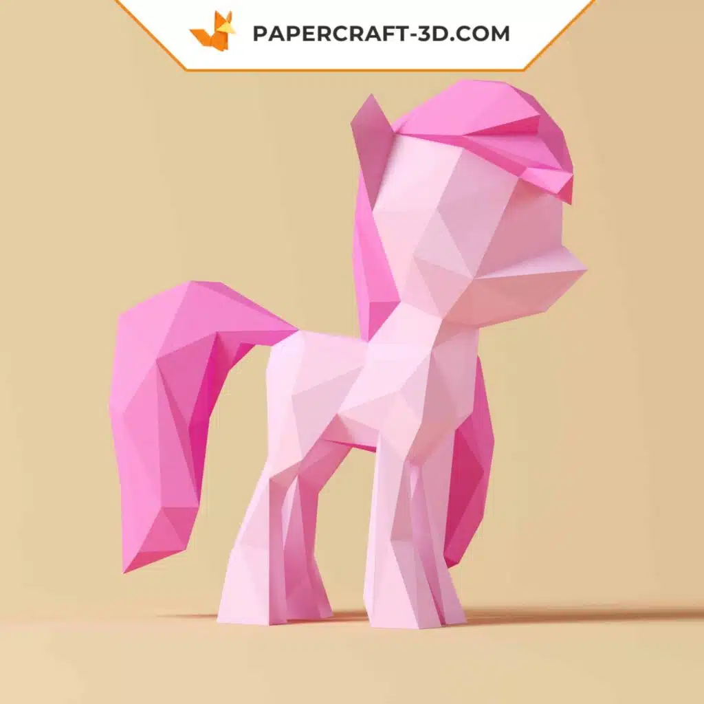 Papercraft de pequeño pony morado en origami 3D, vista 4