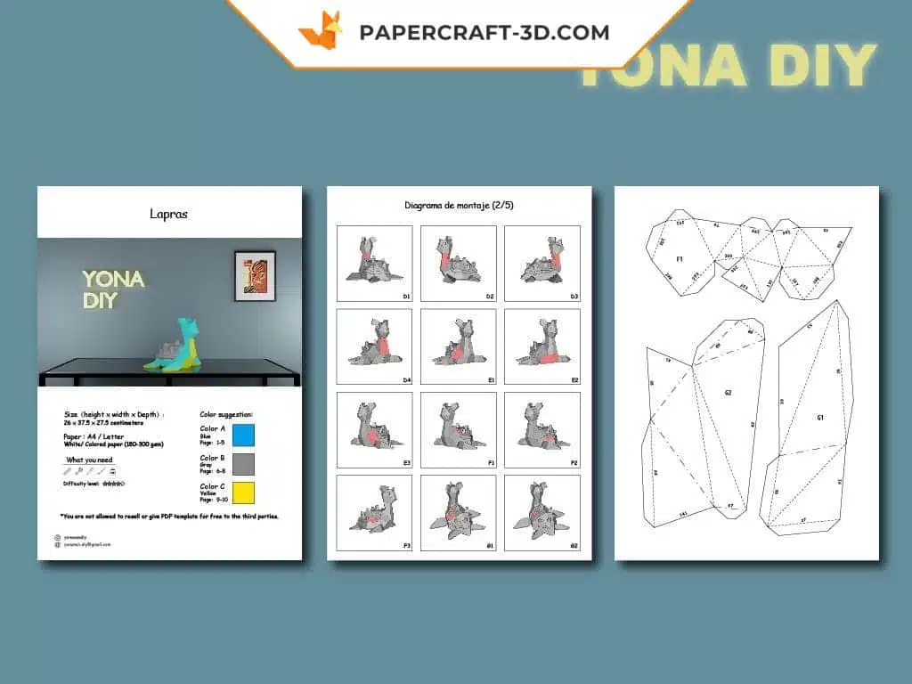 Papercraft Pokémon Lapras en origami papier 3D pour décoration d’intérieur