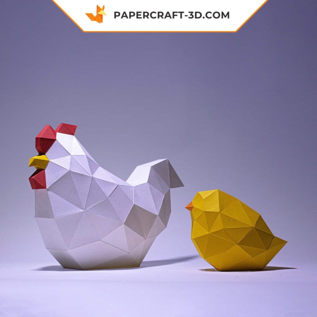 Papercraft chick and hen in 3D origami