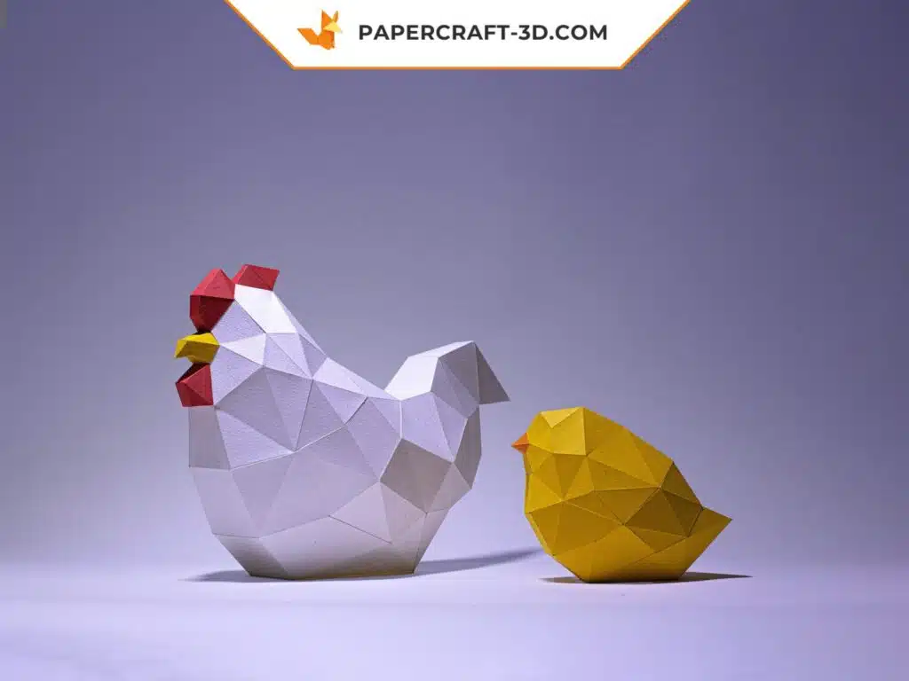 Papercraft de pintinho e galinha em origami 3D