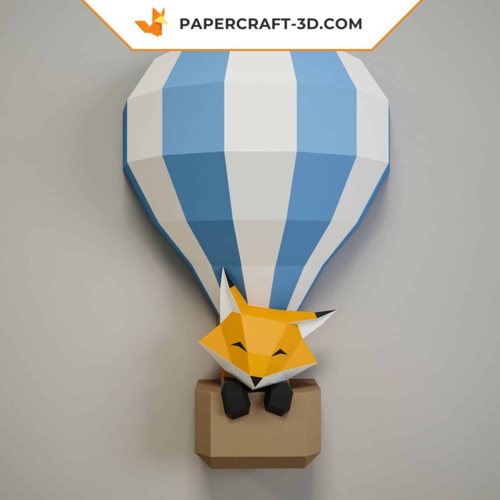 Papercraft baby fox in a hot air balloon origami 3D