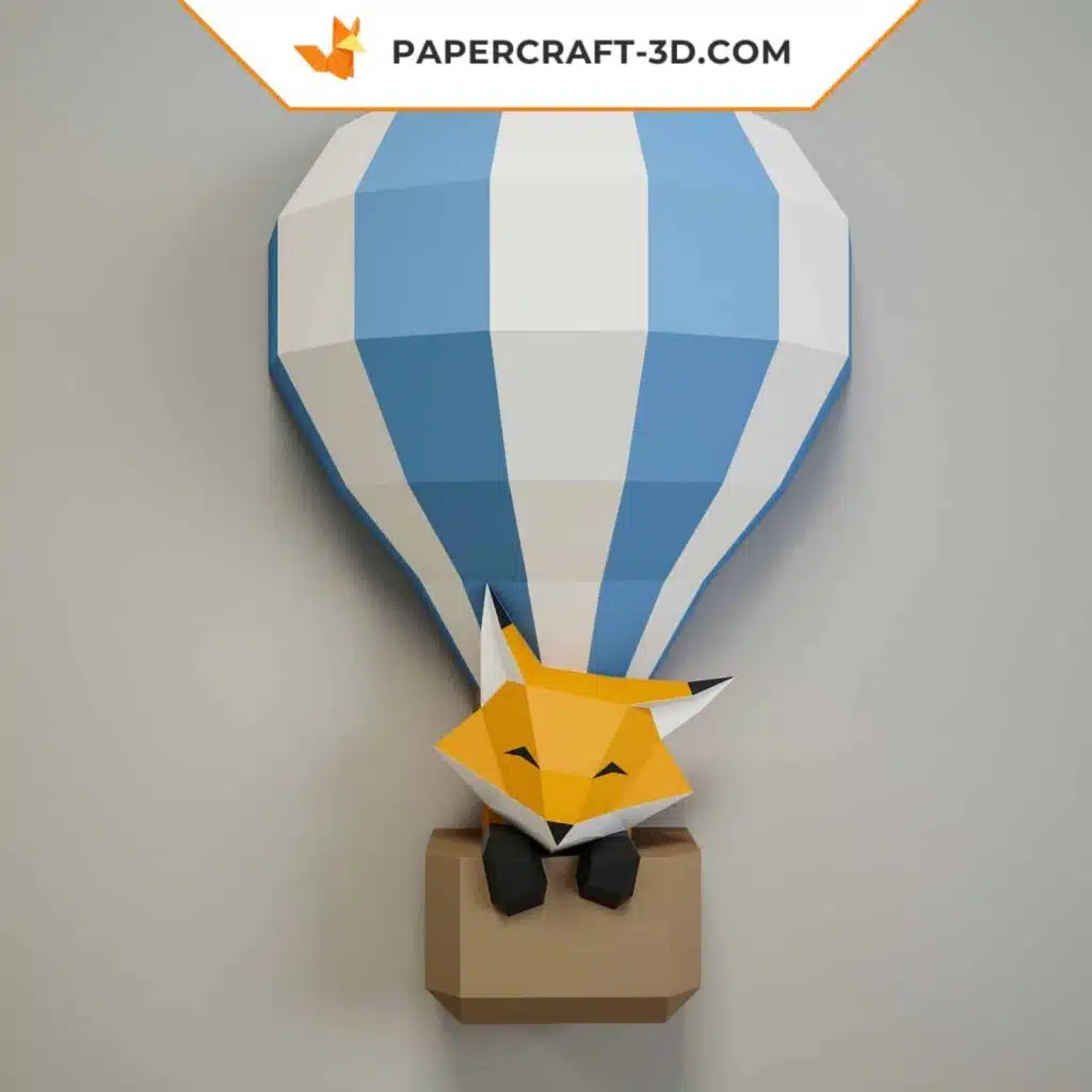 Papercraft bebê raposa em balão de ar quente origami 3D