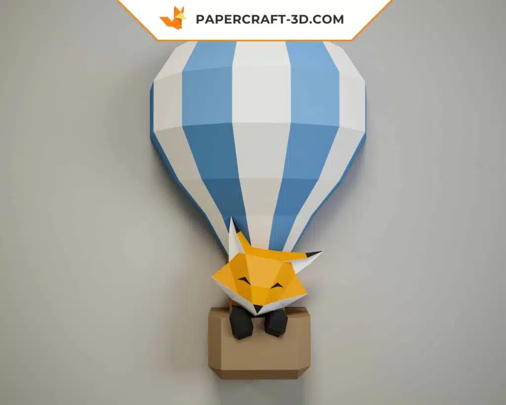 Baby Fox Papercraft in a 3D Origami Hot Air Balloon, view 2