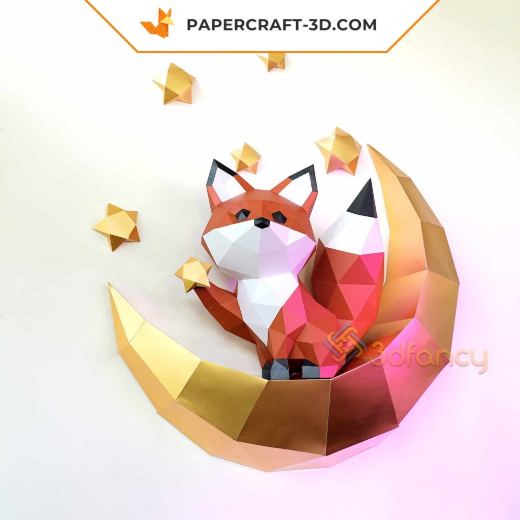 Papercraft Raposa Lua origami papel 3D
