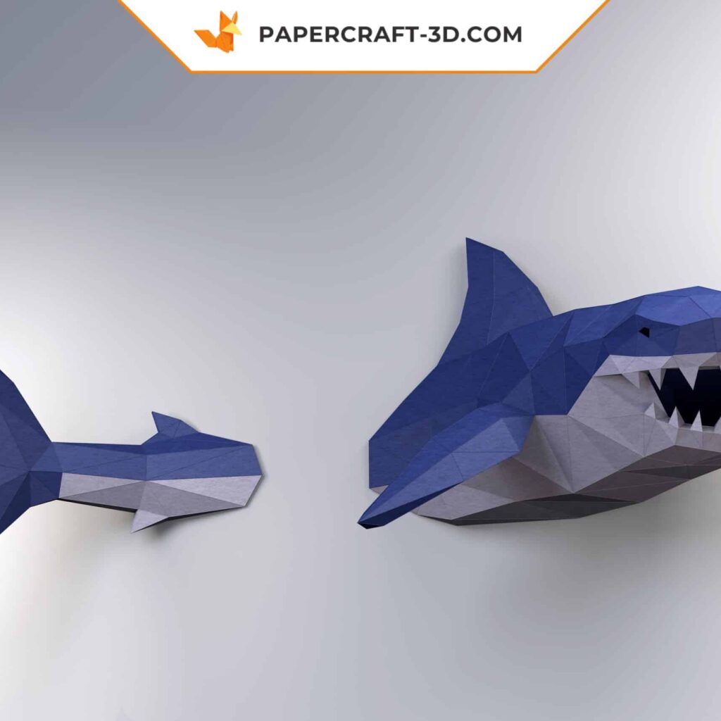 Papercraft shark white mural in 3D origami