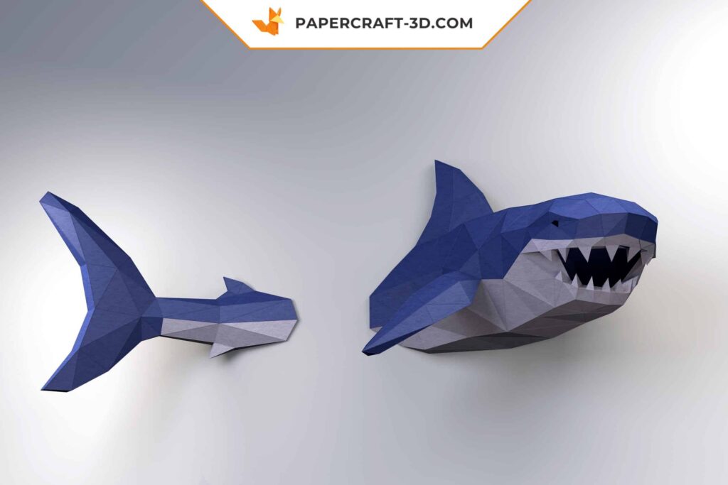 Papercraft de tubarão-branco mural em origami 3D