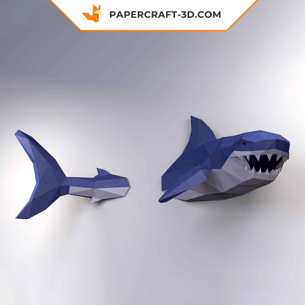 Papercraft shark white mural in 3D origami