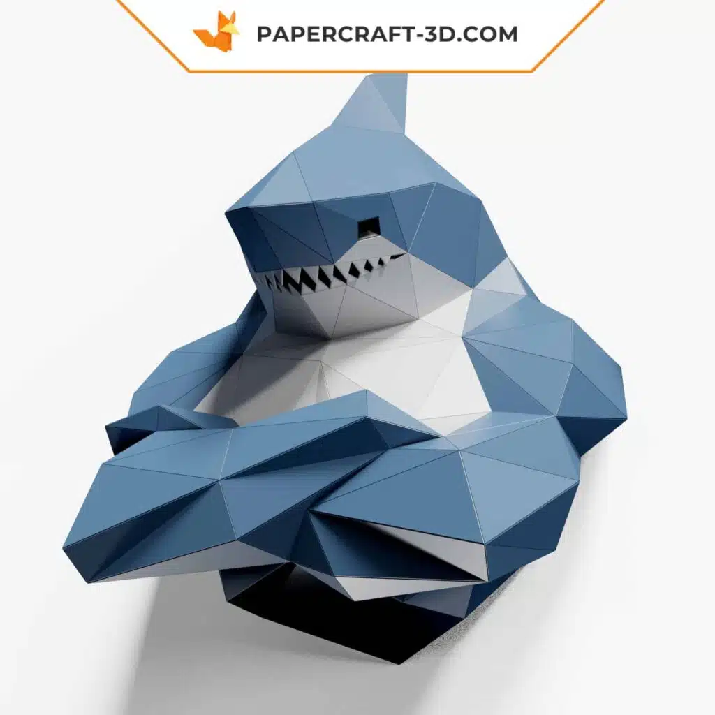 Papercraft busto de tubarão para decoração de parede em origami