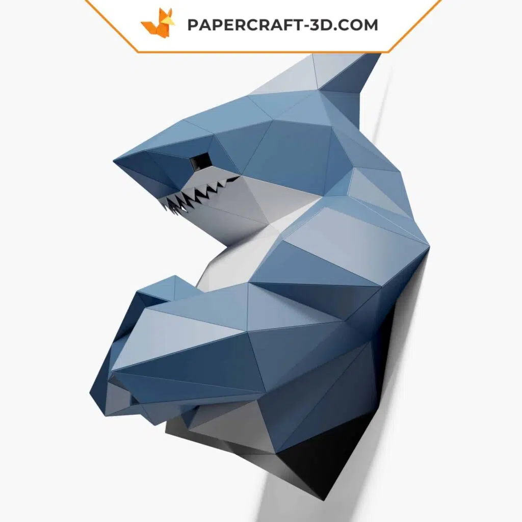 Papercraft busto de tubarão para decoração de parede em origami