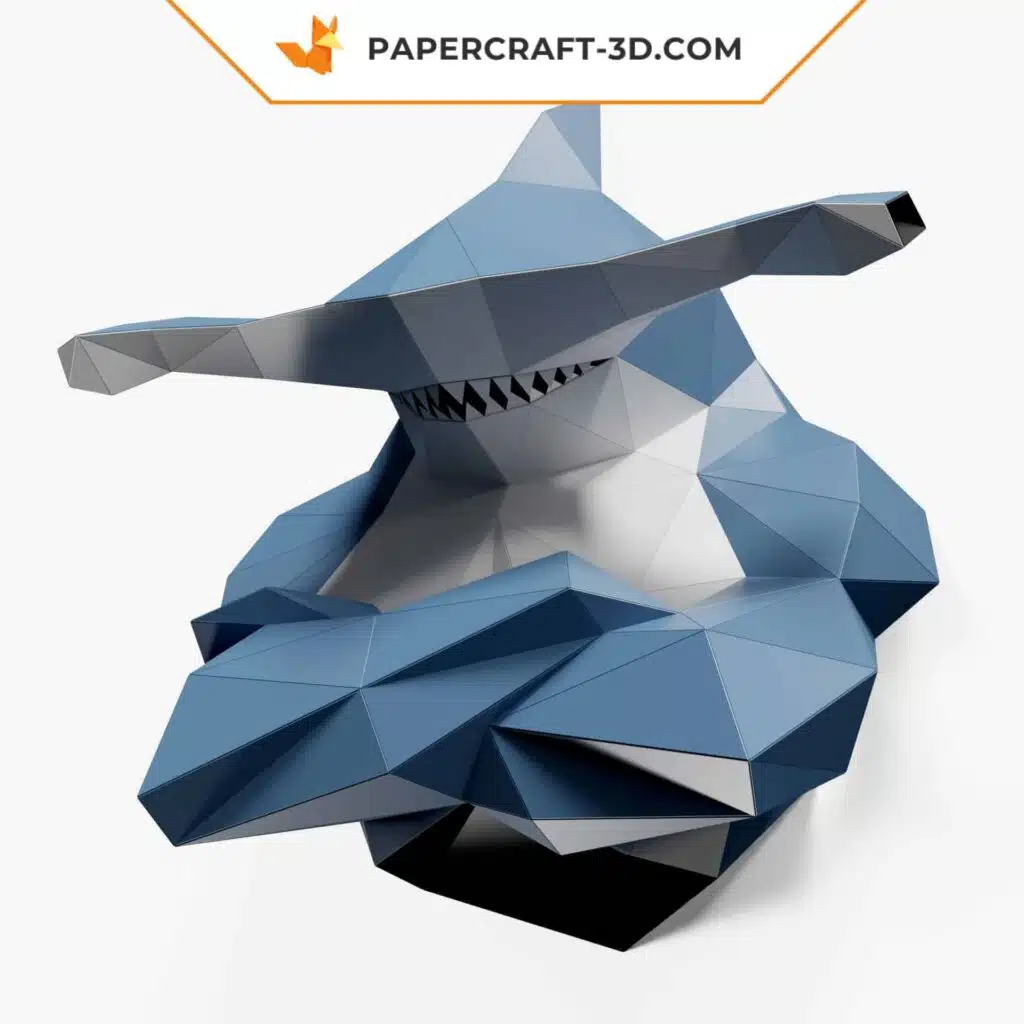 Papercraft Requin-marteau décor mural en papier 3D origami, weergave 2