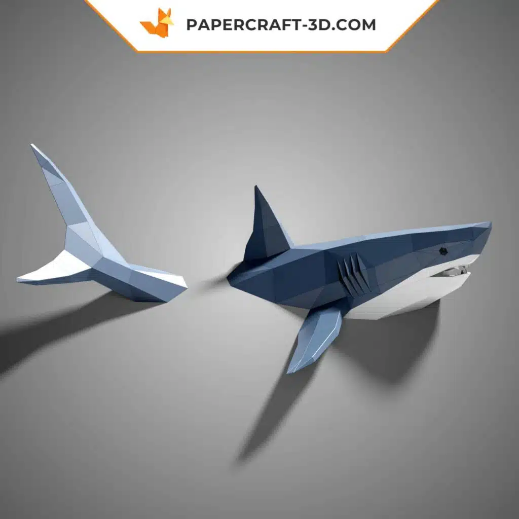 Papercraft de tubarão mural em origami 3D