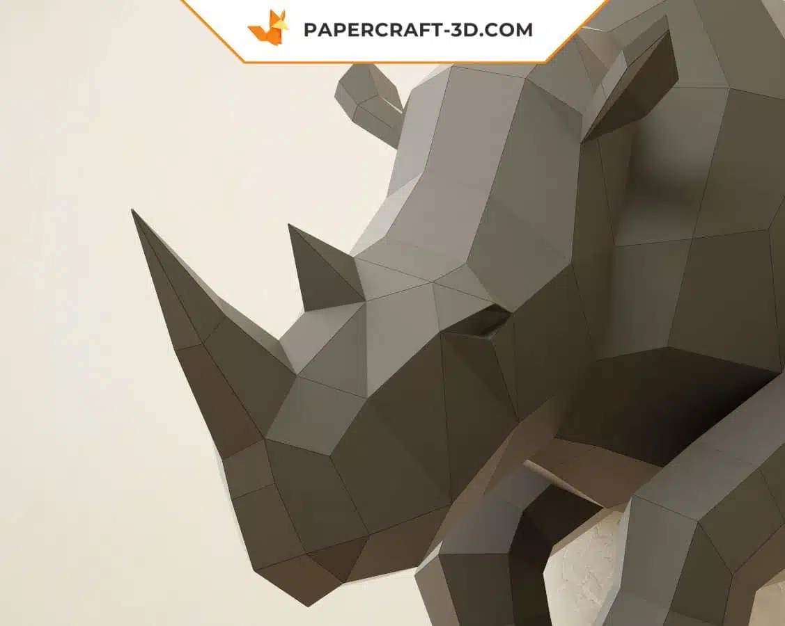 3D origami wall-mounted half rhinoceros papercraft, 3D model, weergave 2