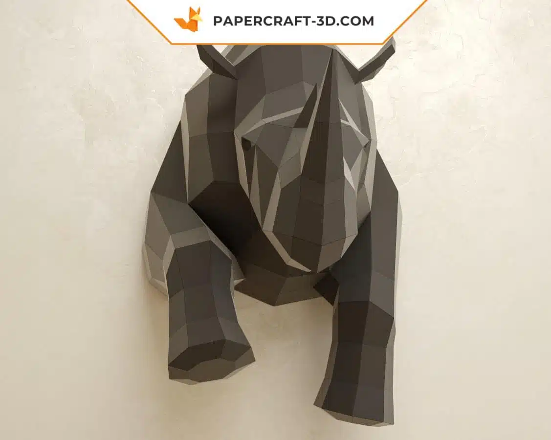 3D origami wall-mounted half rhinoceros papercraft, detail, weergave 2