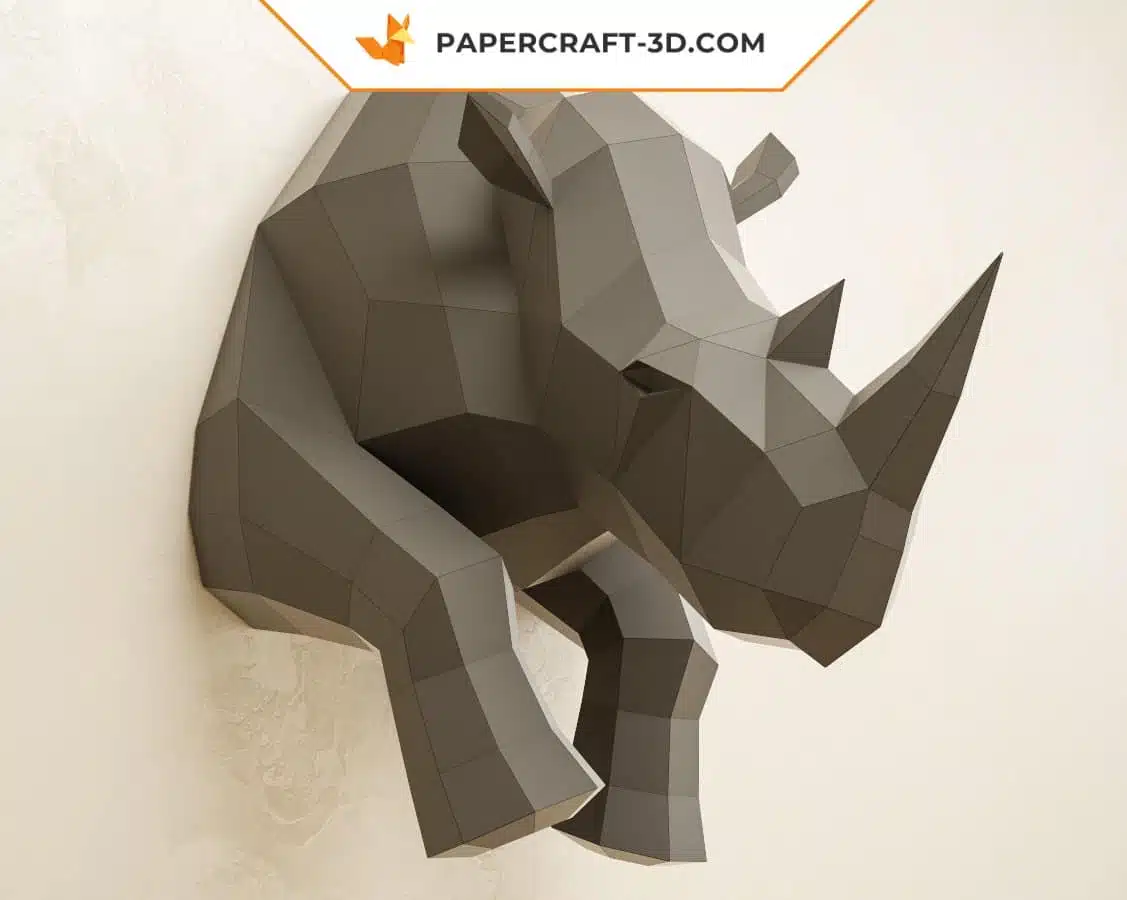 3D origami wall-mounted half rhinoceros papercraft, back view, weergave 2