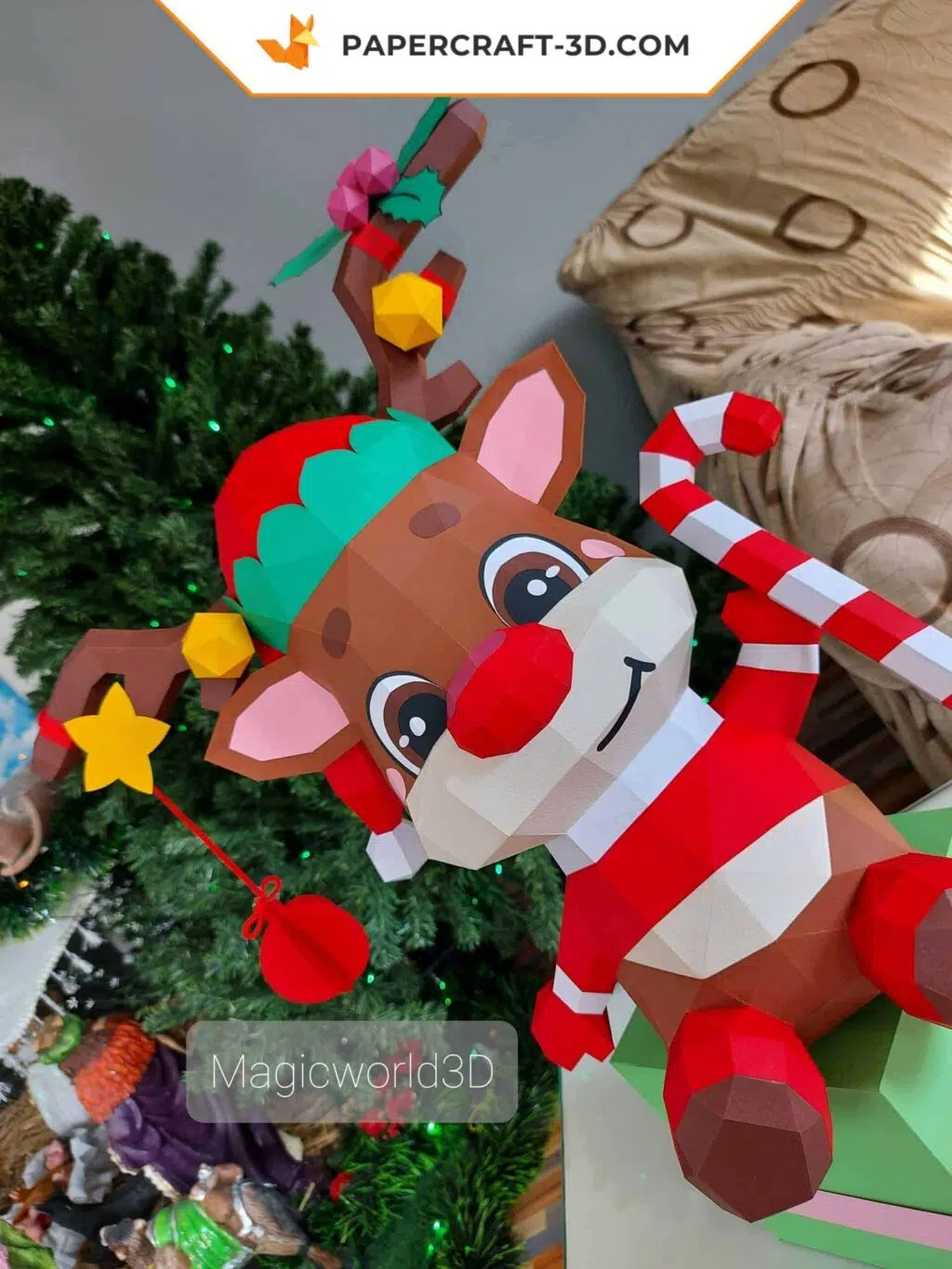 Papercraft de rena Rodolfo em origami 3D