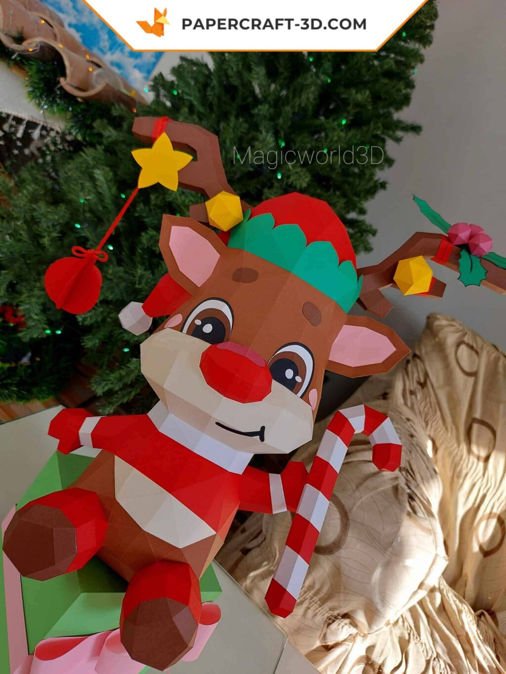 Papercraft de rena Rodolfo em origami 3D