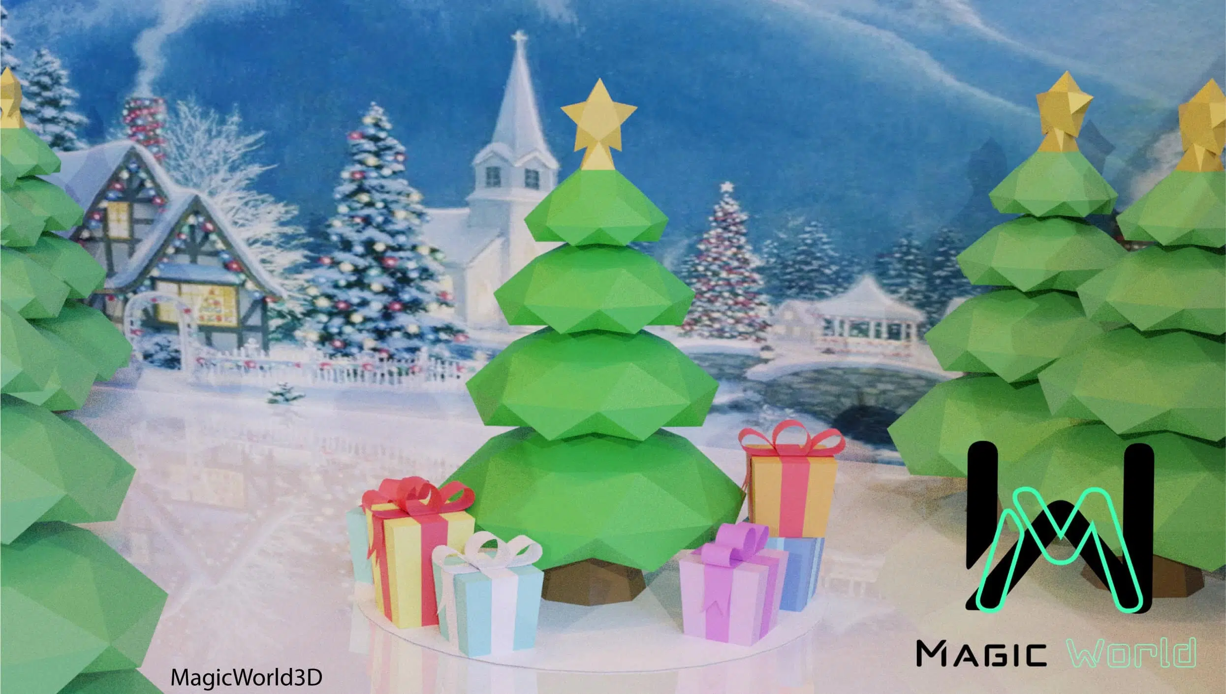 Papercraft árbol de Navidad en origami, vista posterior
