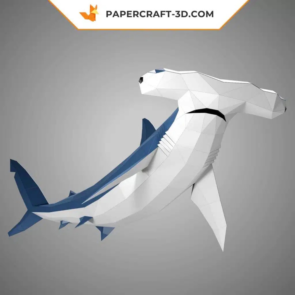 Papercraft de tubarão-martelo branco e azul em origami 3D