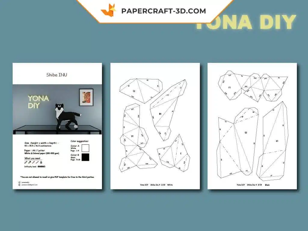 Papercraft Shiba Inu origami papier 3D pour décoration intérieure