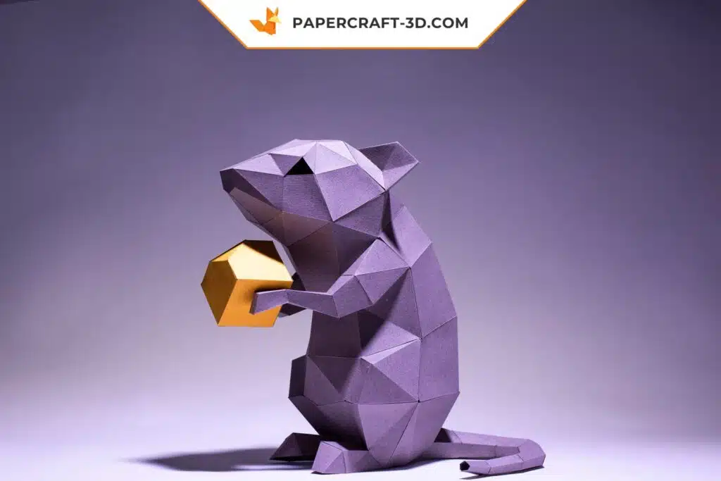 3D-Origami-Papercraft mauvefarbene Mäuse mit Käse, Ansicht 3