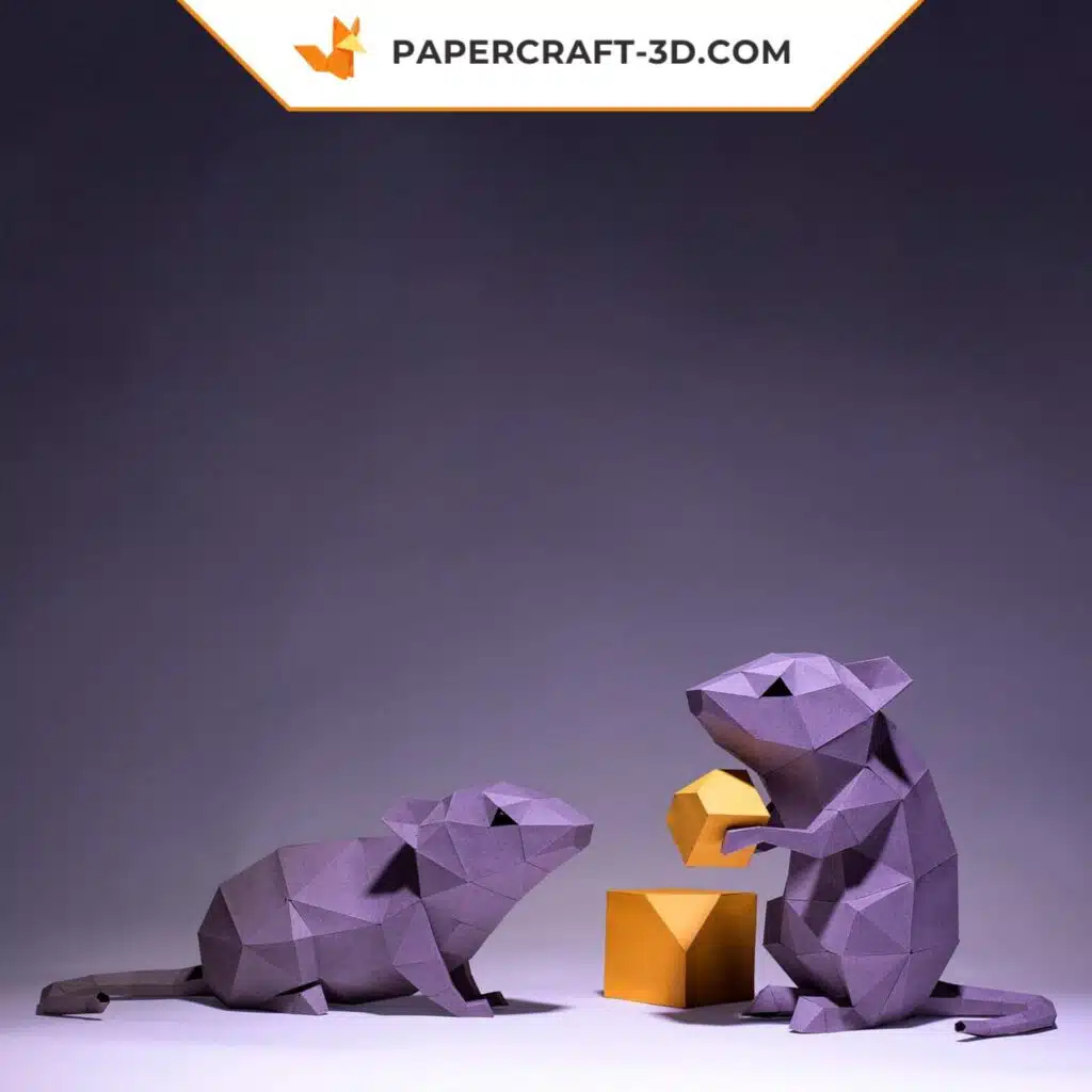 3D-Origami-Papercraft mauvefarbene Mäuse mit Käse