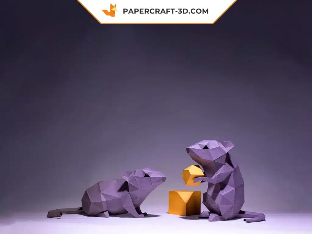 3D-Origami-Papercraft mauvefarbene Mäuse mit Käse