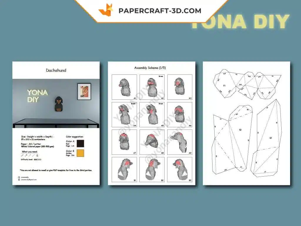 Papercraft Teckel origami papier 3D, weergave 10