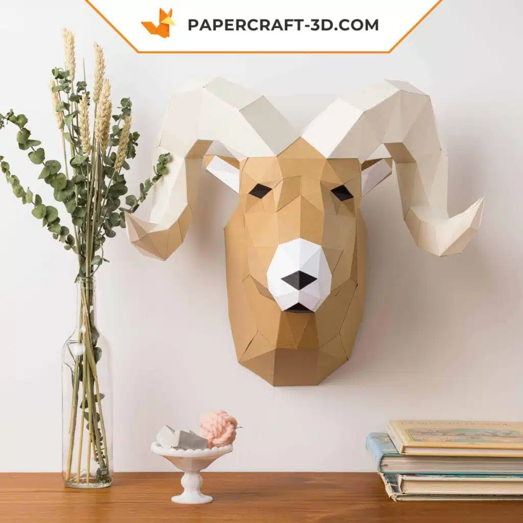 Papercraft tête de bélier origami papier 3D, weergave 3