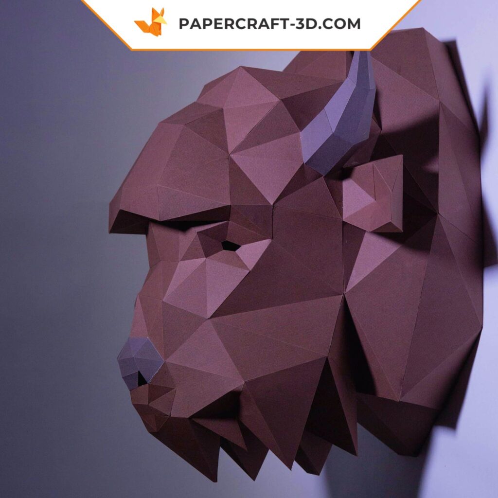 Papercraft of American bison head in 3D origami